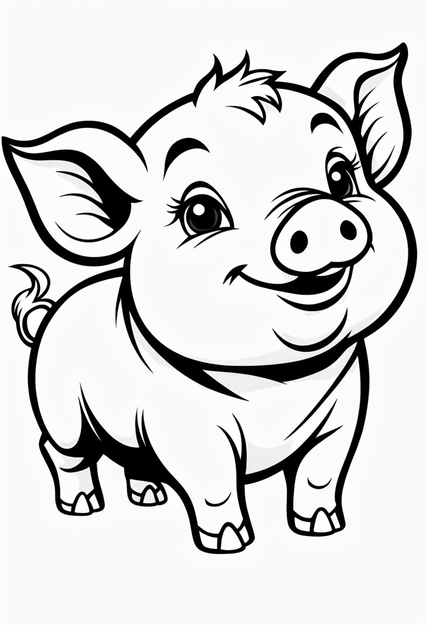 Cheerful Piglet Black and White Coloring Page Illustration Coloring Book Pages