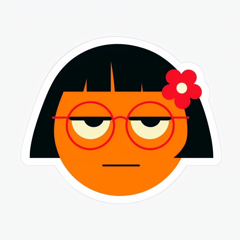 Neutral Orange Cartoon Face with Glasses and Flower Sticker