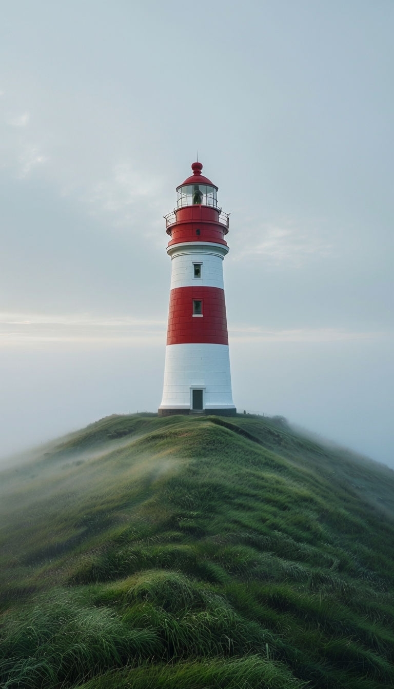 Striking White and Red Lighthouse in Misty Morning Mobile Wallpaper