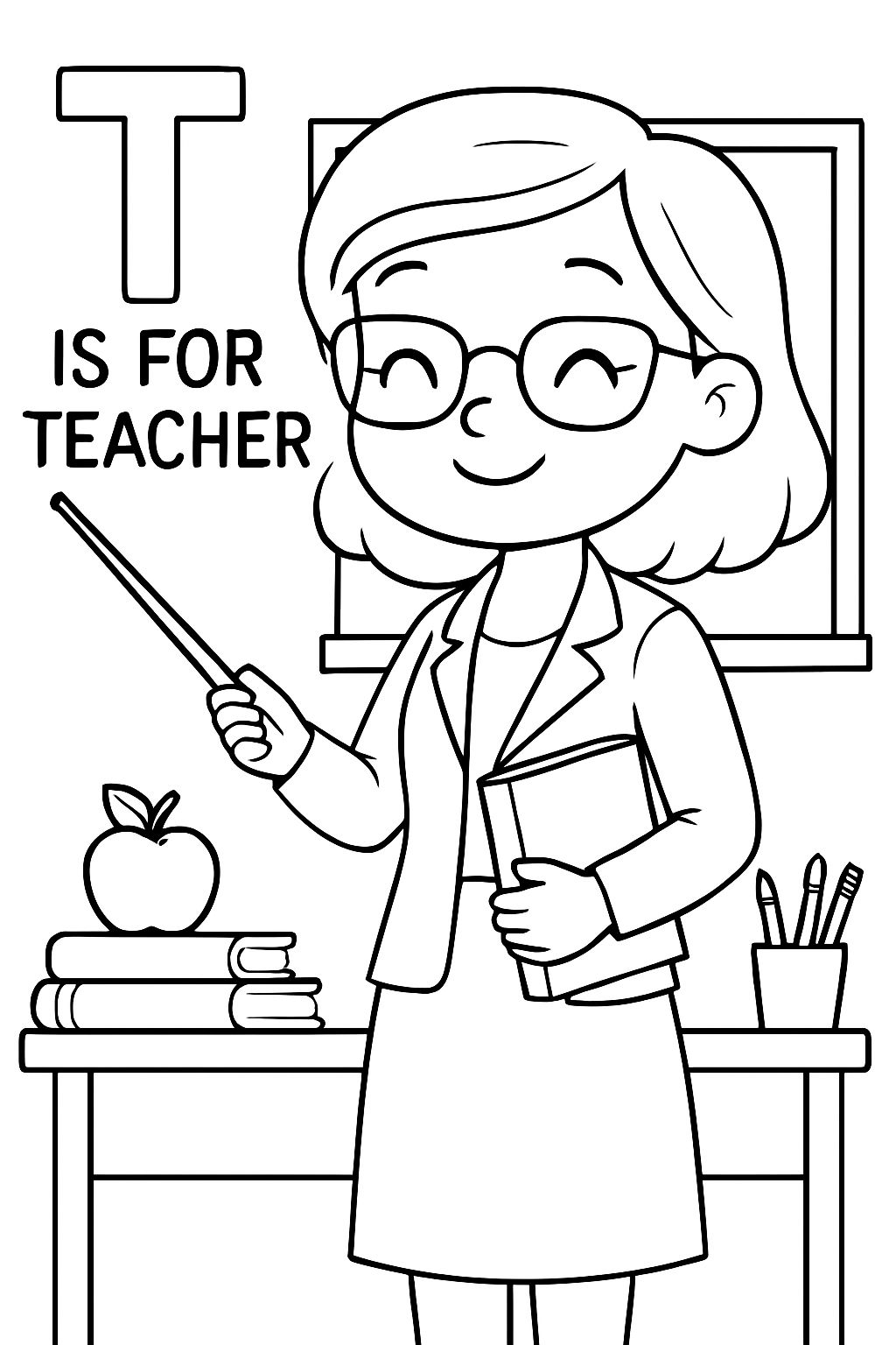 Cheerful Teacher in Classroom 'T is for Teacher' Coloring Page