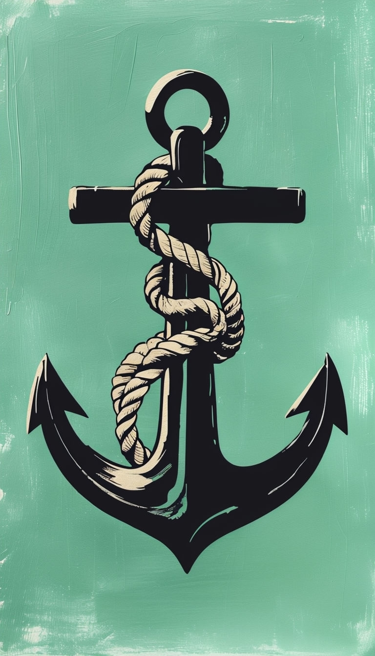 Stylized Black Anchor with Rope on Seafoam Green Background Mobile Wallpaper