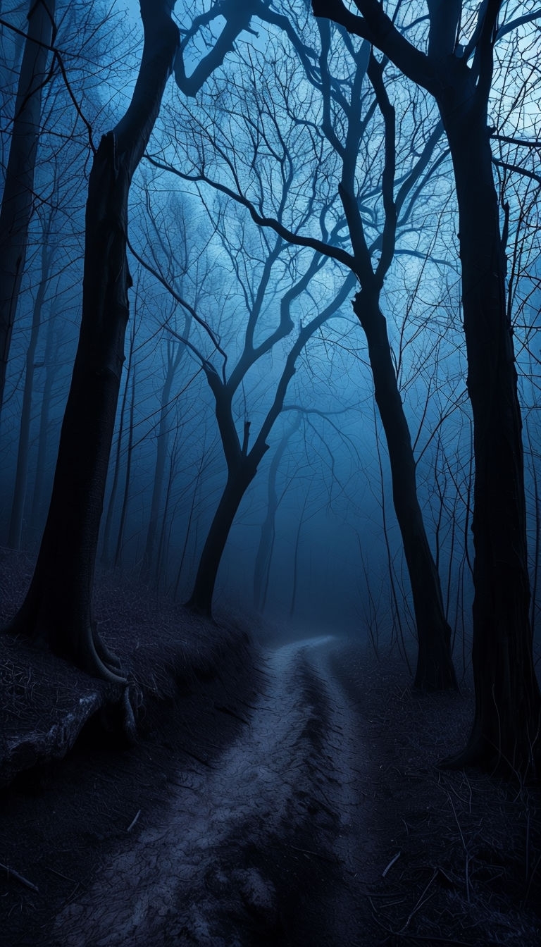Mysterious Dark Forest Scene with Winding Dirt Path Mobile Wallpaper