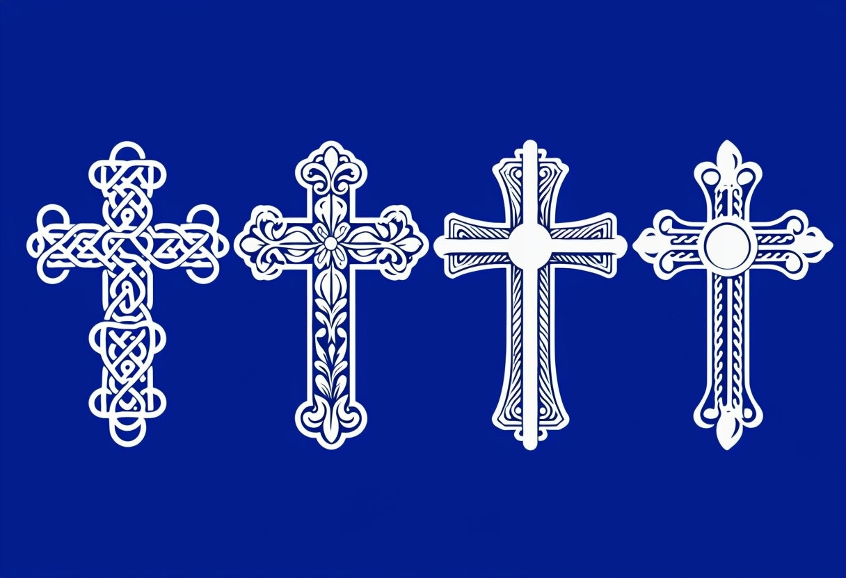 Intricately Designed White Cross Pendants on Blue Background Poster