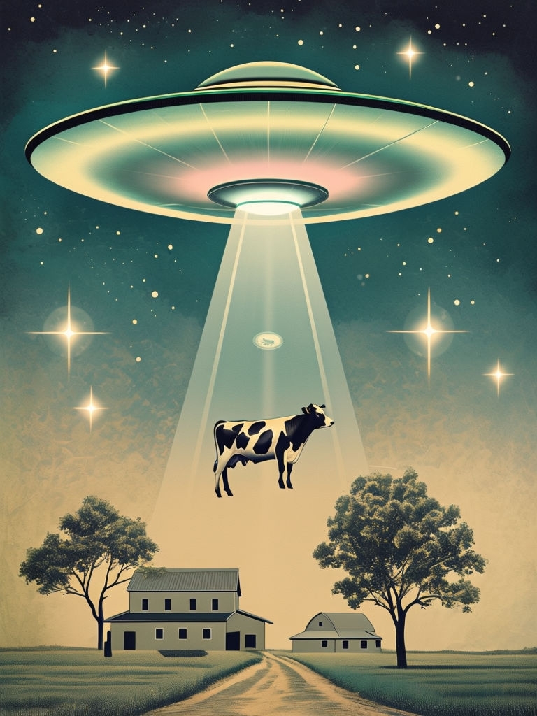 Surreal UFO Abduction Scene with Floating Cow Poster