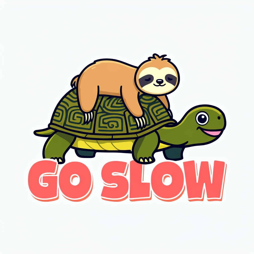 Playful Sloth Riding Turtle with 'Go Slow' Text Illustration Mug