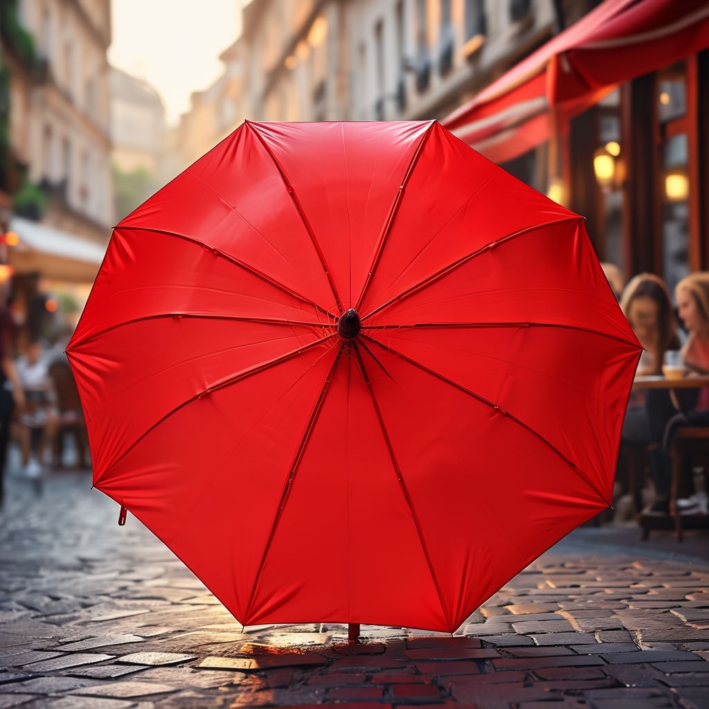 Vibrant Red Umbrella on Cobblestone Street Mockup