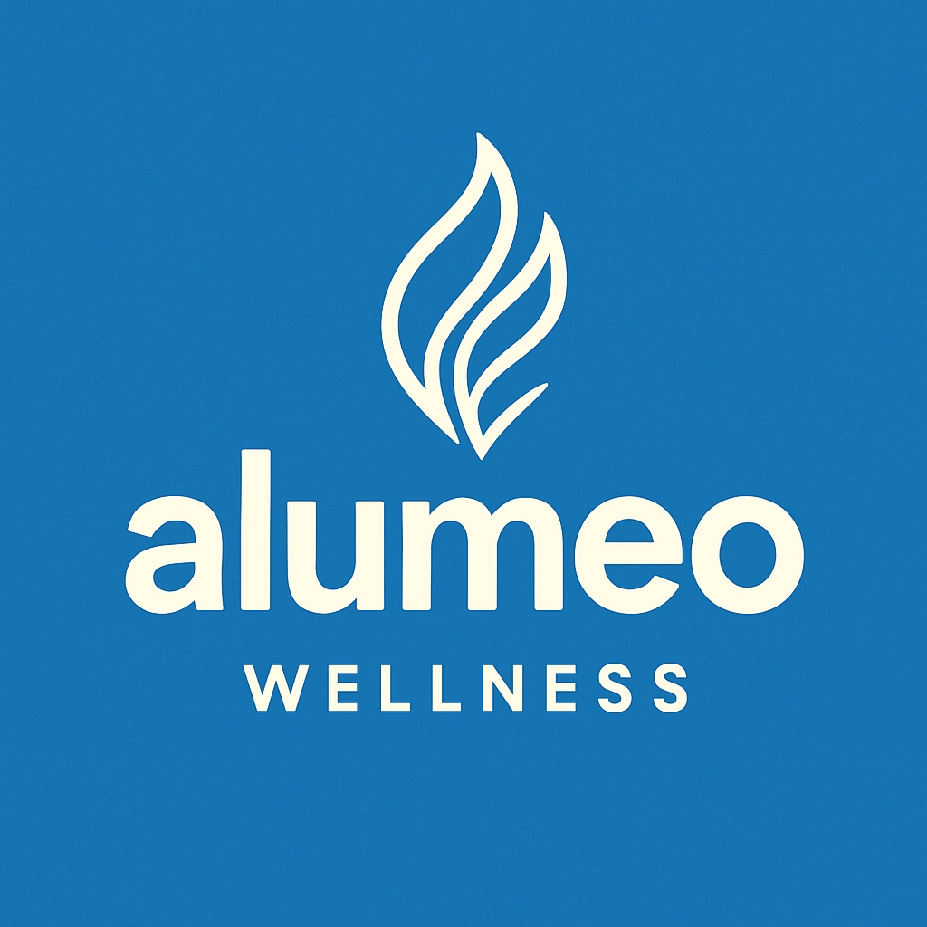 Minimalist alumeo Wellness Logo Design in Blue and White