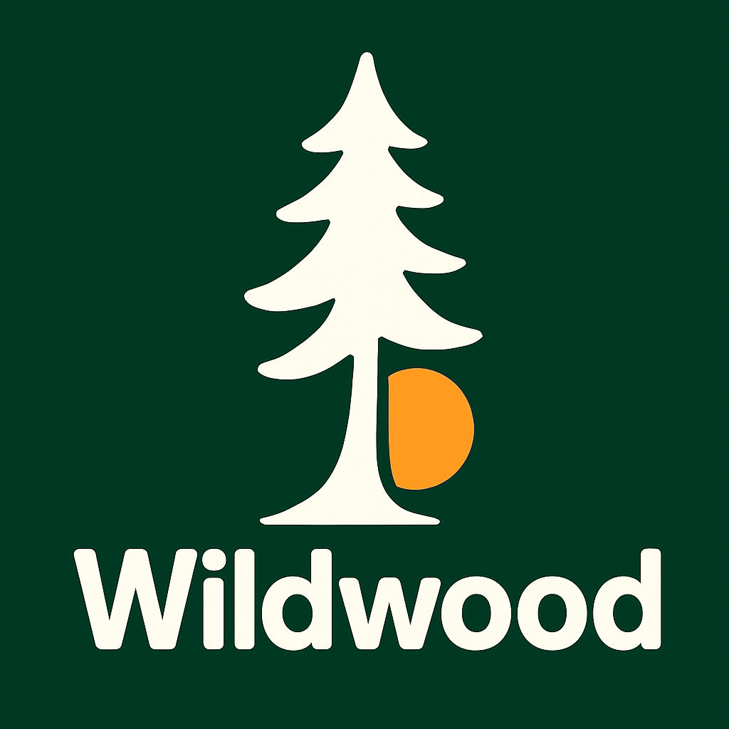 Minimalist Wildwood Evergreen Tree Logo Design on Green Background