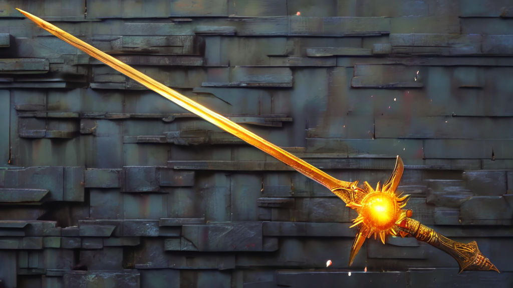 Matte painting movie poster featuring a solarradiating gold... by