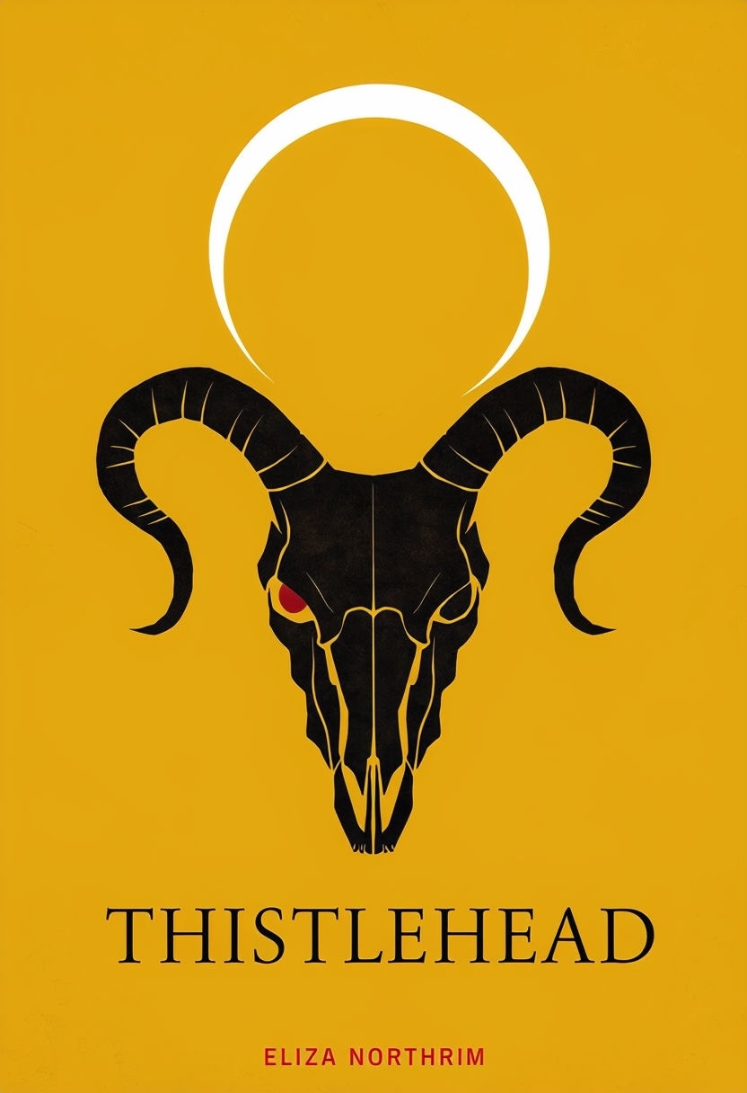 "Thistlehead Folk Horror EBook Cover with Bold Goat Skull Design"