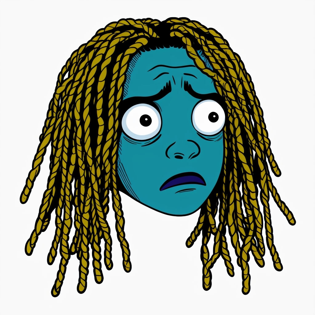 Teal Blue Confused Character with Wild Dreadlock Hair Sticker
