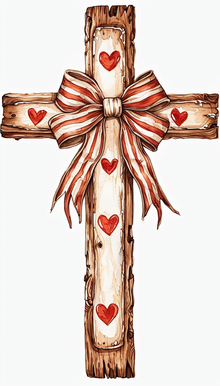 Rustic Wooden Cross with Heart Patterns and Bow Phone Case Cover