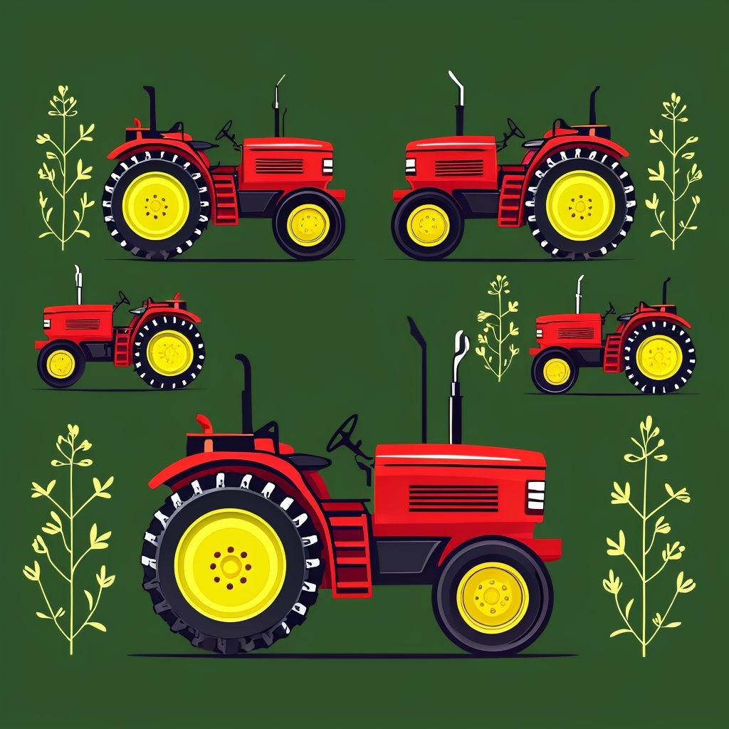 Playful Cartoon Red Tractors with Nature Elements Seamless Pattern