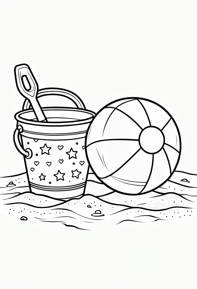Playful Beach Toys Line Drawing for Kids Coloring Book Pages