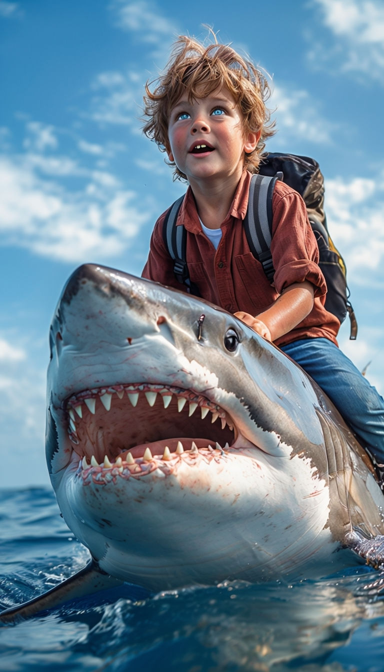 Young Boy Riding a Shark Adventure Photograph