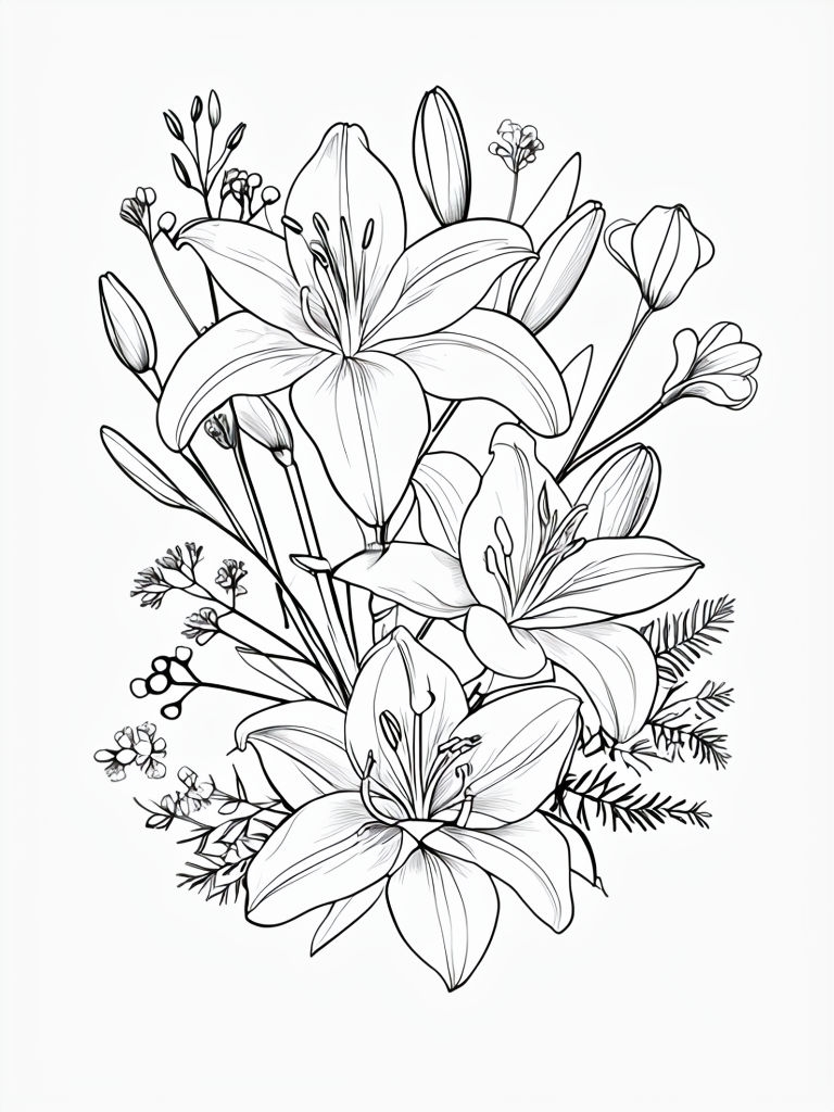 Intricate Black and White Lily Bouquet Line Drawing for Coloring Book Pages