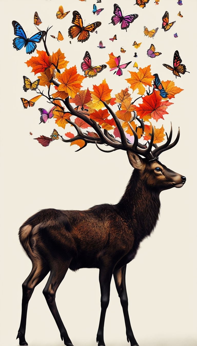 Surreal Black Deer with Colorful Butterflies Digital Art Mobile Wallpaper