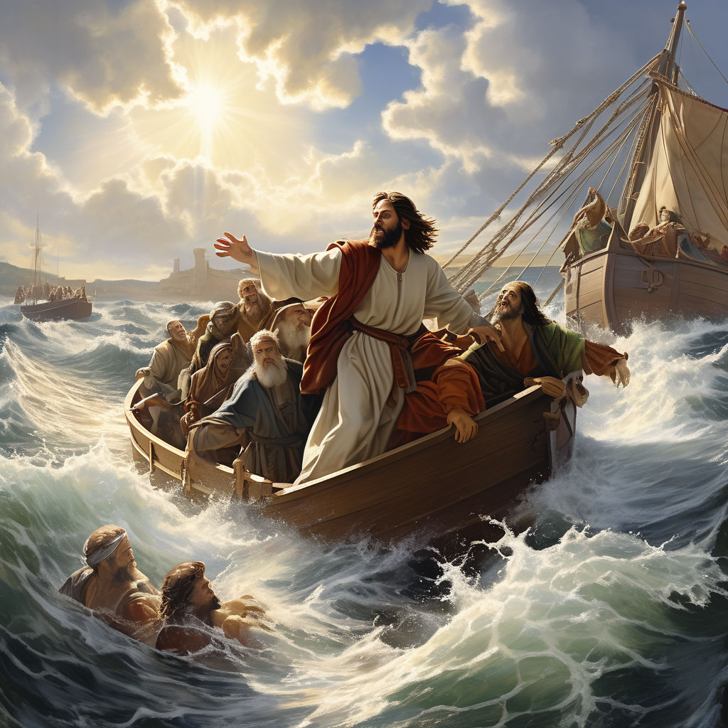 Peter being pulled out the sea by jesus with the apostles on... by ...