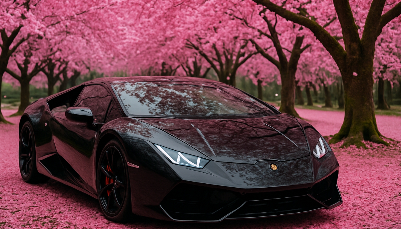 Sleek Black Luxury Sports Car Amidst Cherry Blossoms Background
