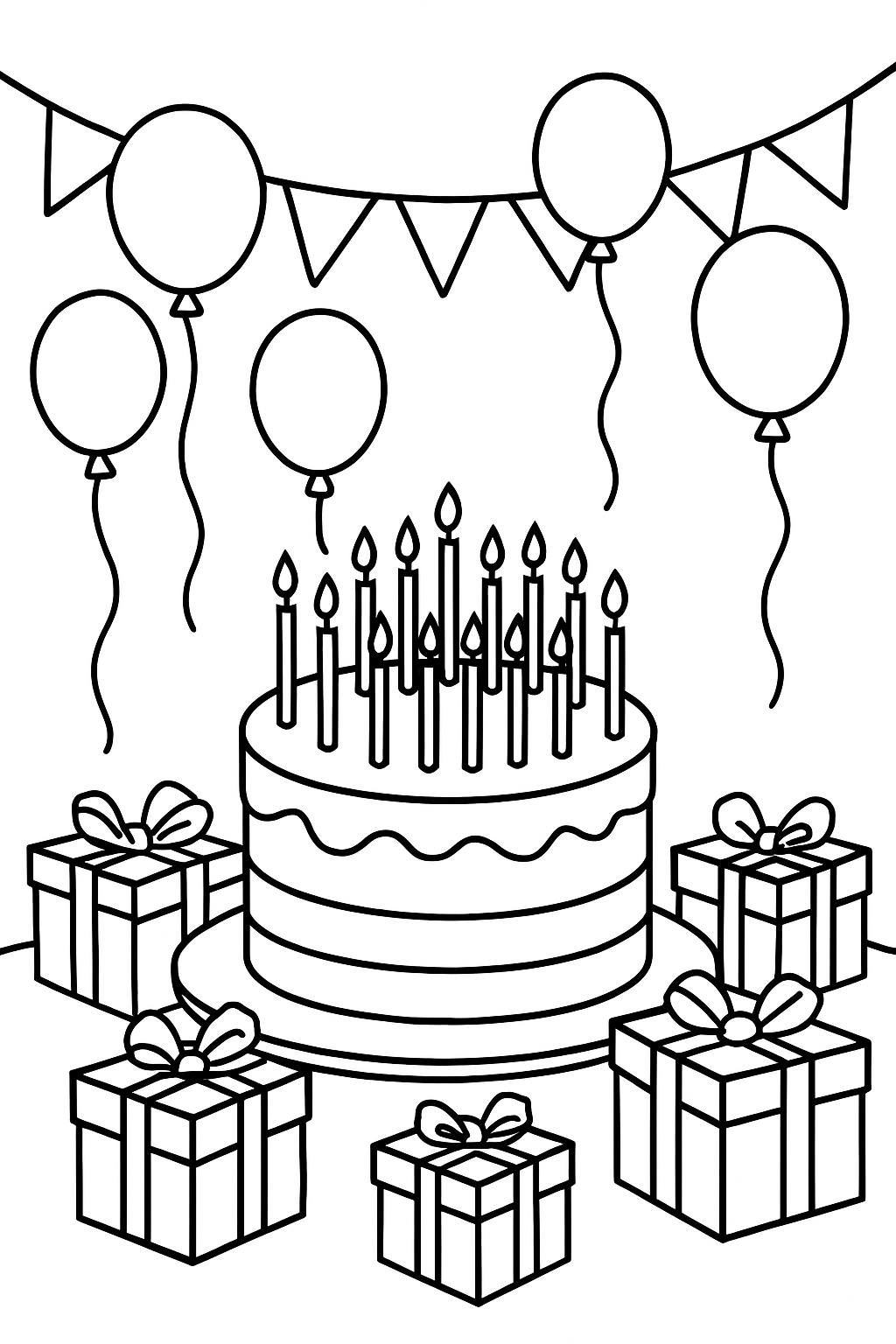 Festive Birthday Cake and Gifts Line Art for Coloring Book Pages