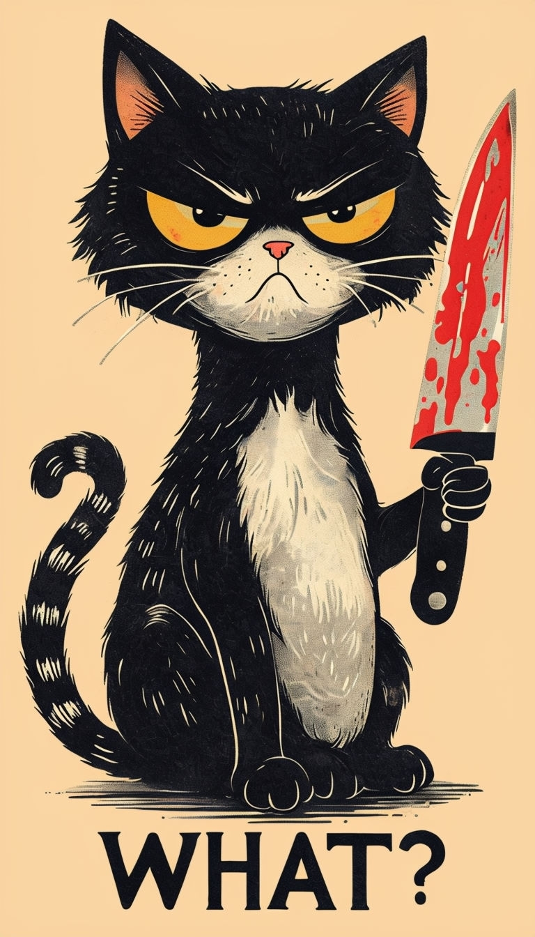 Sinister Vintage Black Cat with Knife and 'WHAT?' Phrase Poster