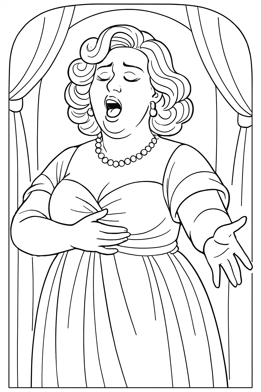Dramatic Plus-Size Opera Singer in Vintage Gown Coloring Book Pages