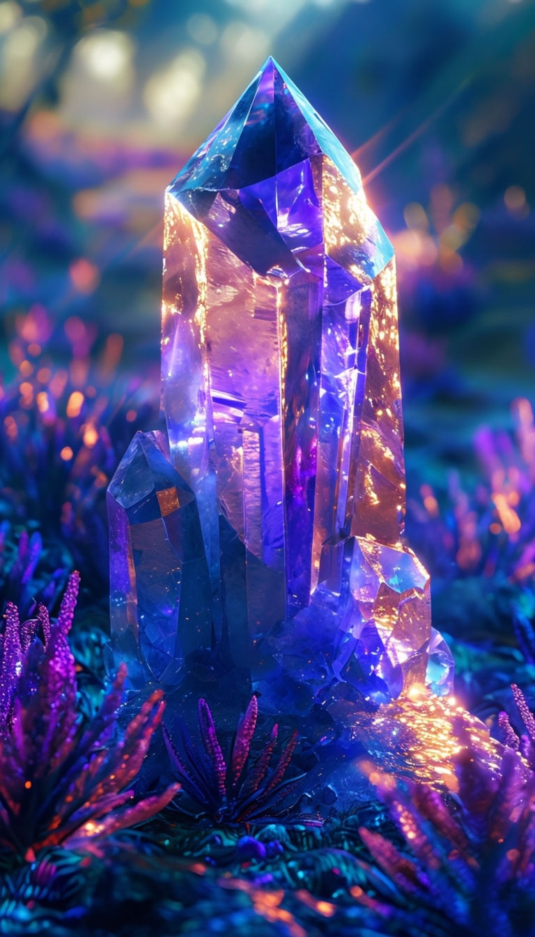 Mesmerizing Alien Crystal Formation Amidst Bioluminescent Flora Mobile Wallpaper