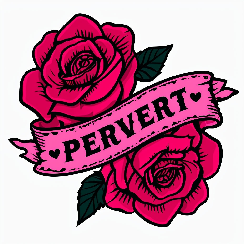 Stylized Crimson Roses with PERVERT Banner Tattoo Sticker
