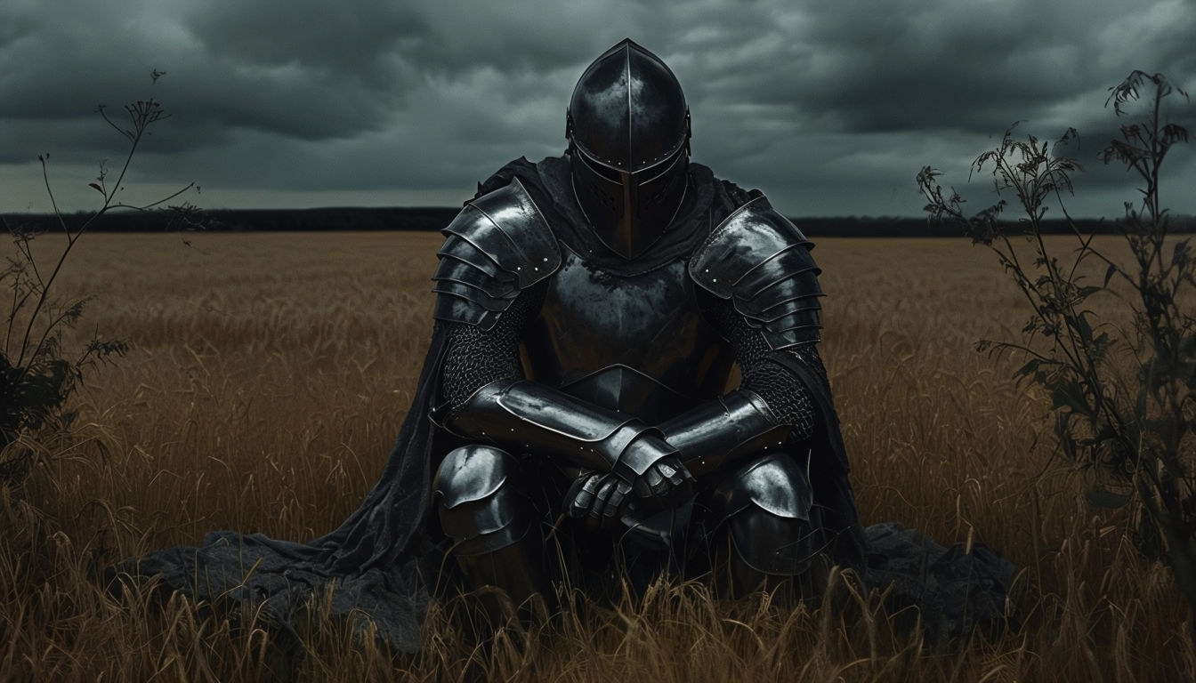 Reflective Dark Knight in Wheat Field Under Ominous Sky Virtual Backgrounds