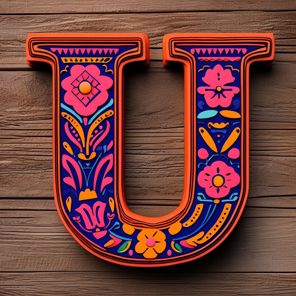 Vibrant Folk Art 'U' Monogram with Rustic Wooden Background Monogram