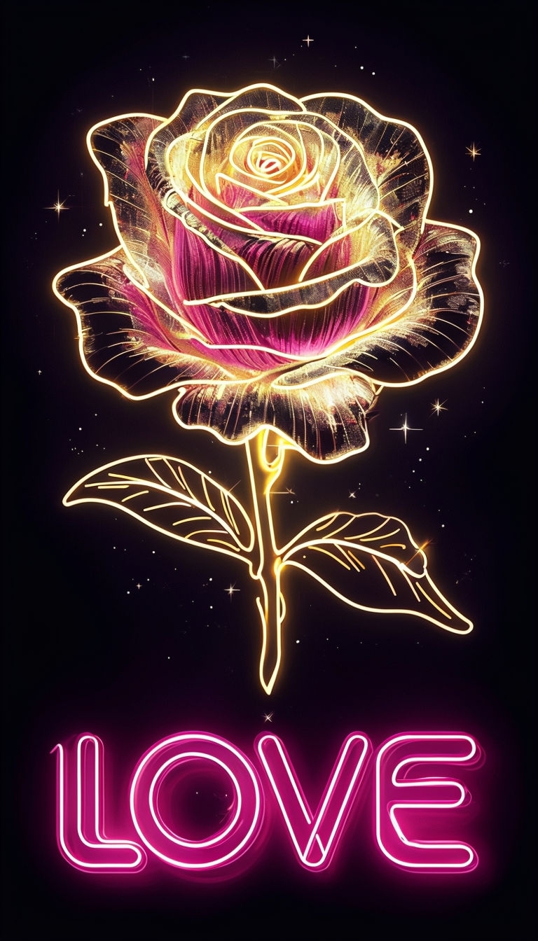 Intricate Neon Rose with Love Text Art Poster