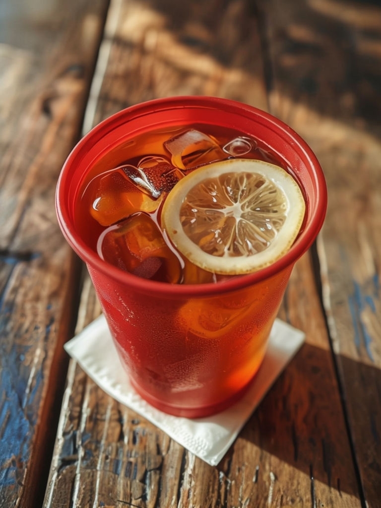 Vibrant Red Plastic Cup with Iced Tea on Rustic Table Mockup