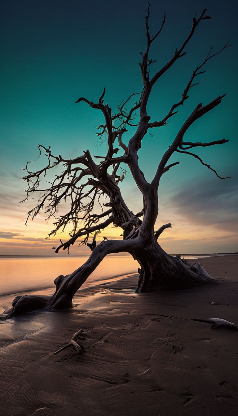 Serene Twilight Beach Scene with Driftwood Tree Mobile Wallpaper