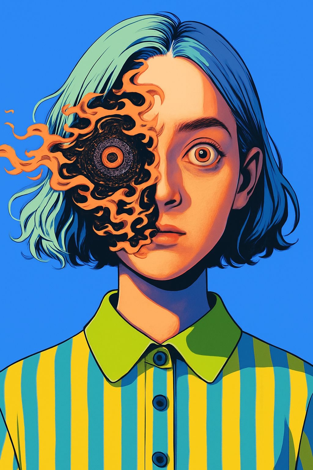 Surreal Cosmic Transformation Portrait with Blue-Green Hair Art