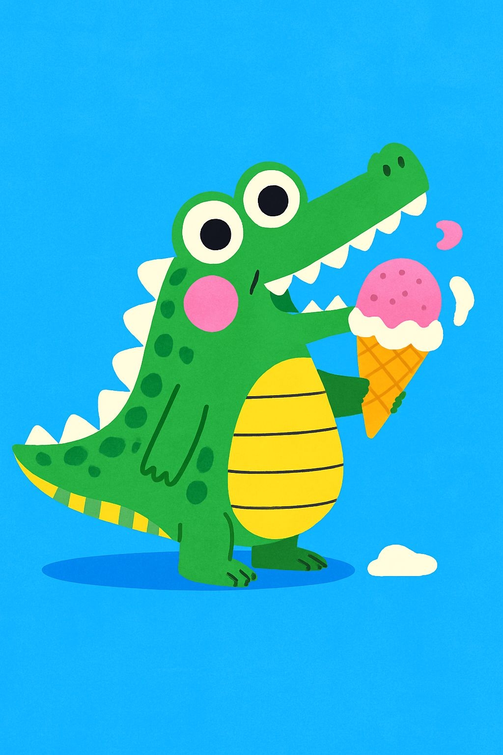 Cheerful Green Alligator with Ice Cream Cartoon T-Shirt