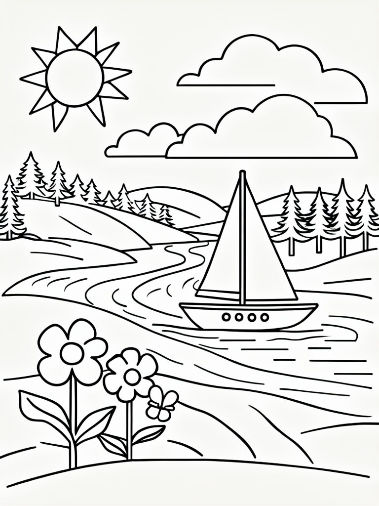 Serene Outdoor Scene with Sailboat and Flowers Coloring Page