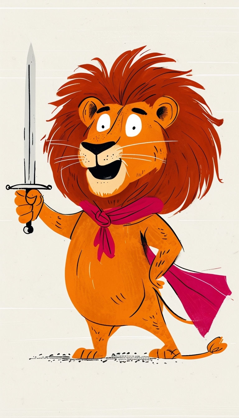 Whimsical Cartoon Lion in Crimson Cloak with Silver Sword Mobile Wallpaper