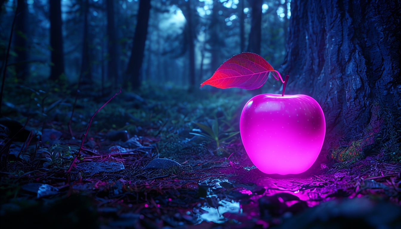 Surreal Neon Pink Apple in Enchanted Forest Virtual Background