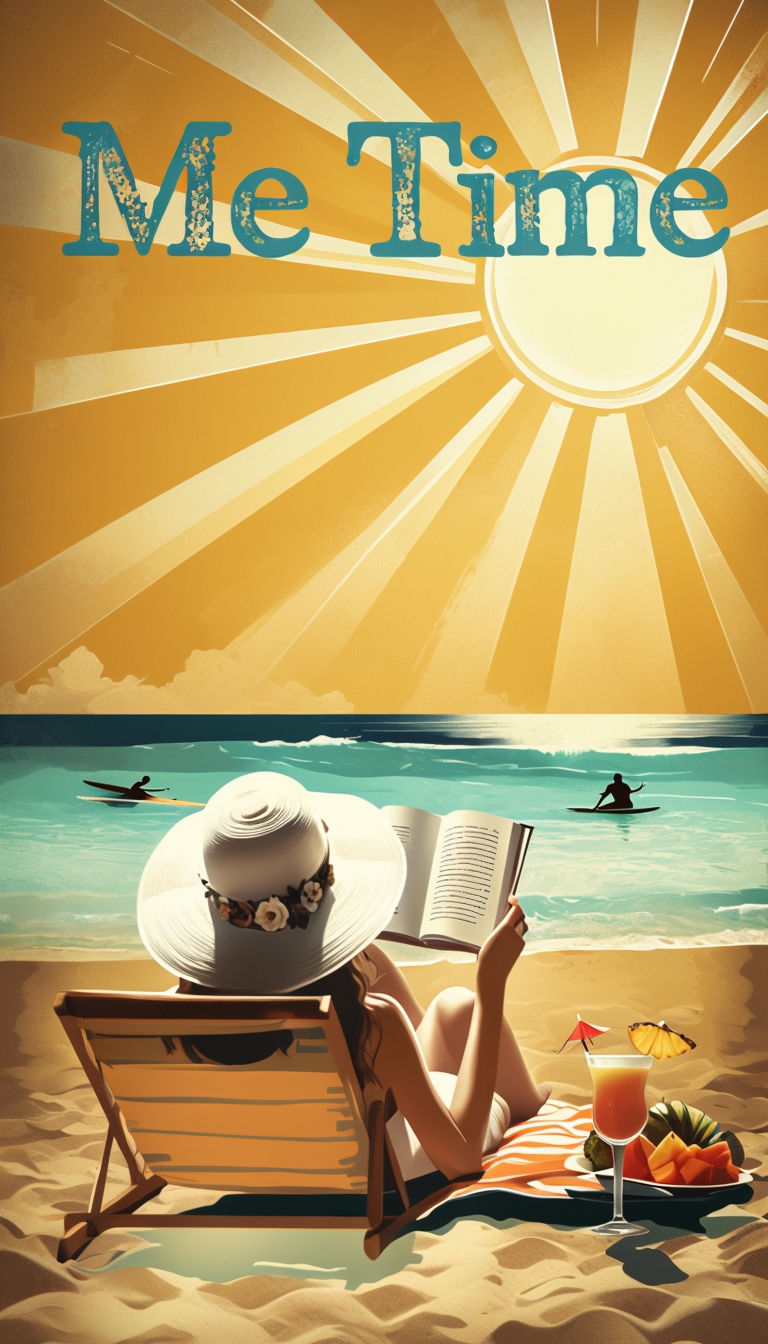 Serene Vintage Beach Scene Illustration with "Me Time" Title Poster