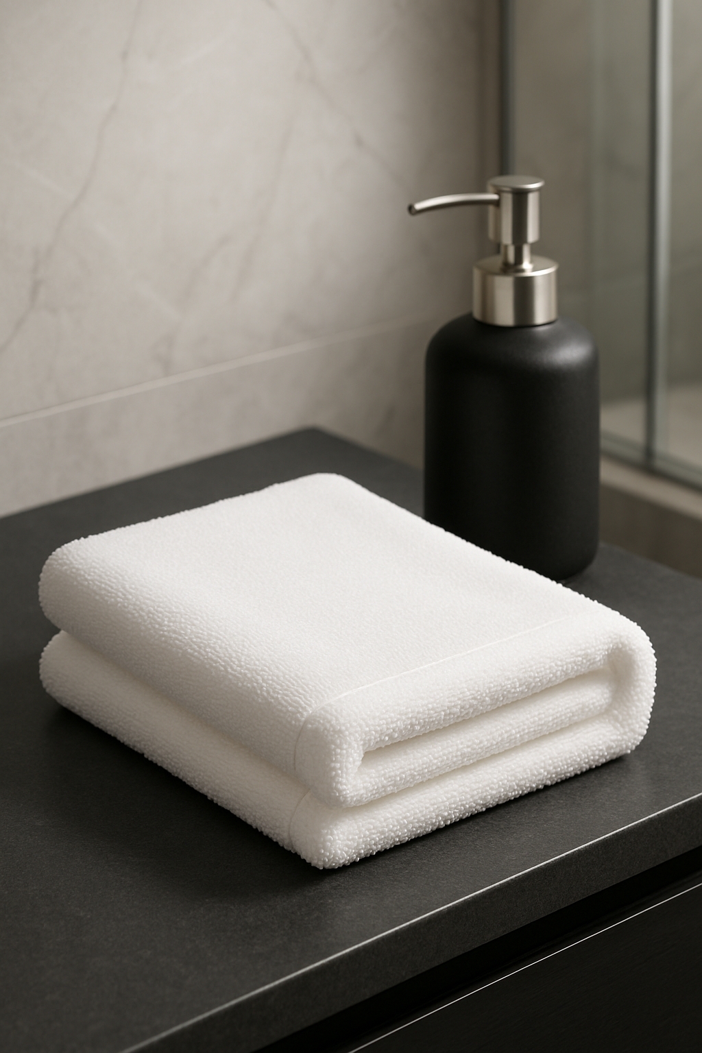 Elegant White Towel and Modern Soap Dispenser Bathroom Mockup