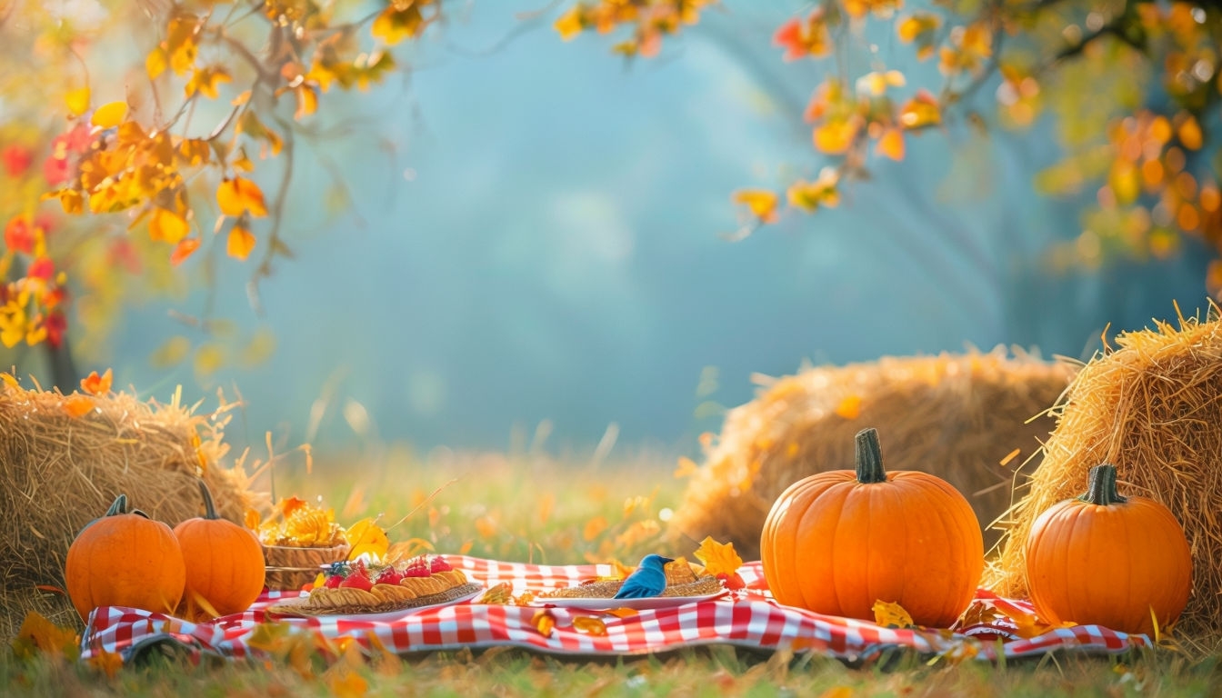 Charming Autumn Picnic Scene with Pumpkins and Bluebird Art