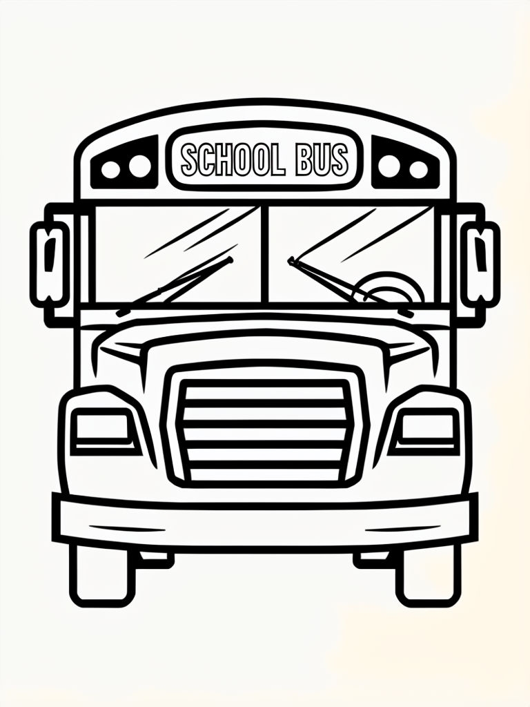 Front-Facing School Bus Black Line Drawing for Coloring Book Pages