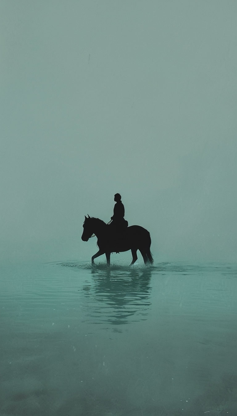 Serene Silhouette of Rider on Horse in Teal Water Mobile Wallpaper