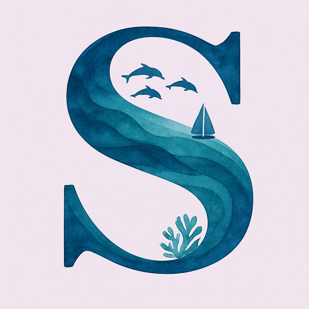 Stylized Dark Blue 'S' Monogram with Watercolor Waves and Dolphins Monogram