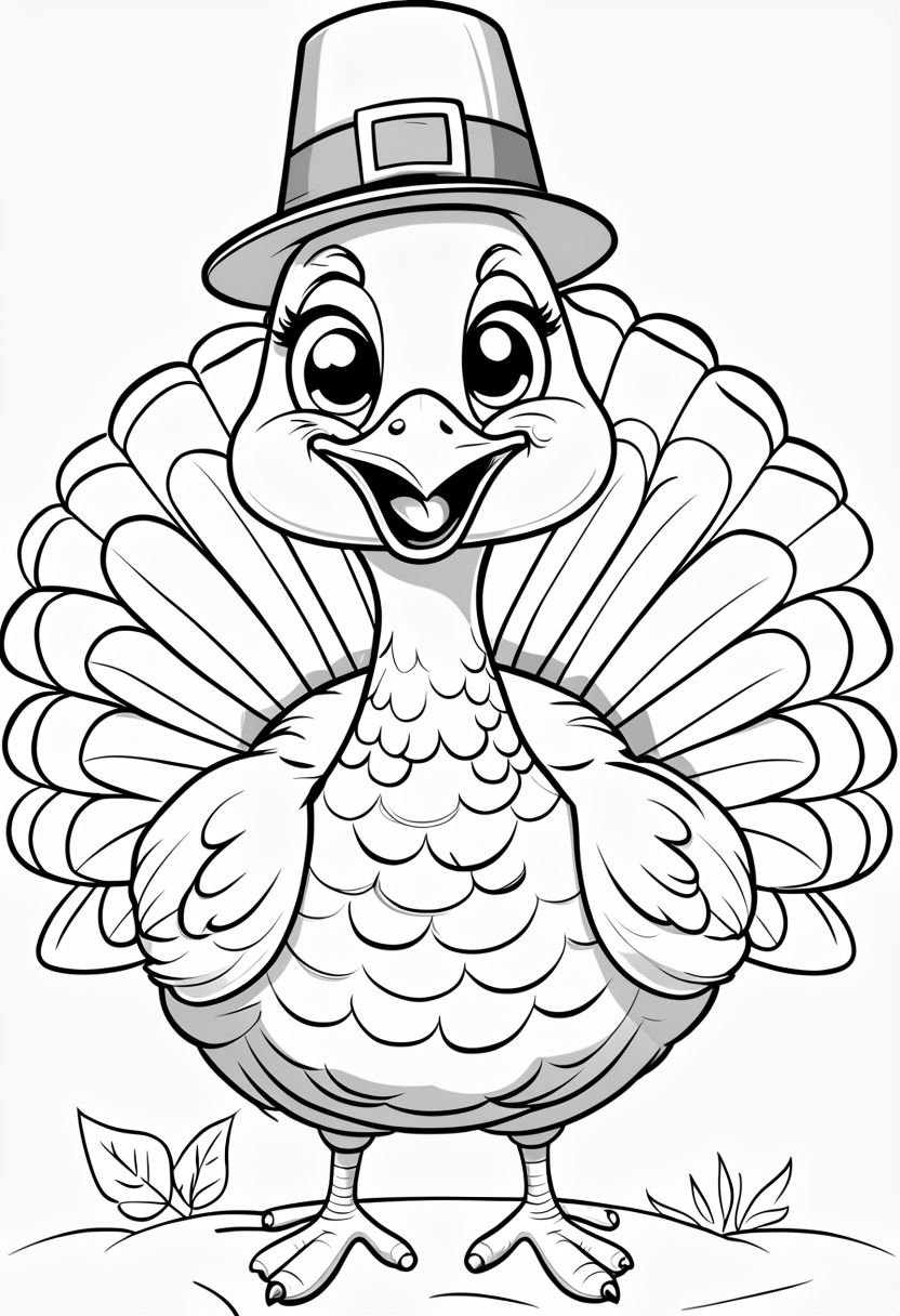 Cheerful Thanksgiving Turkey with Pilgrim Hat Coloring Page