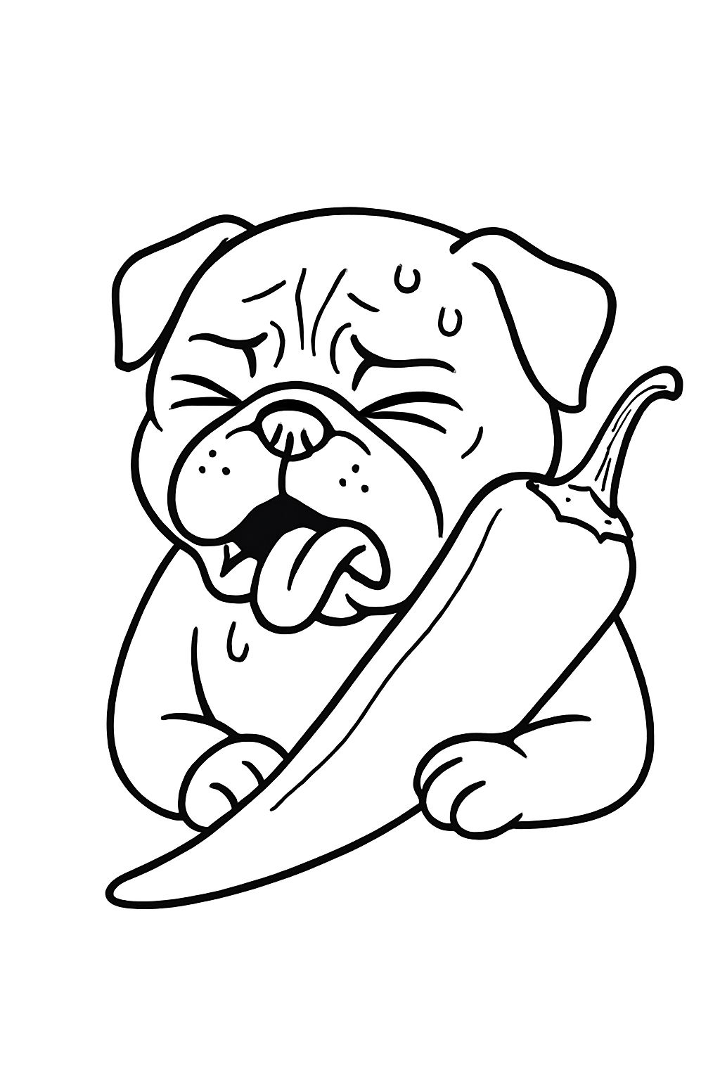 Humorous Cartoon Pug with Chili Pepper Line Drawing Coloring Book Pages
