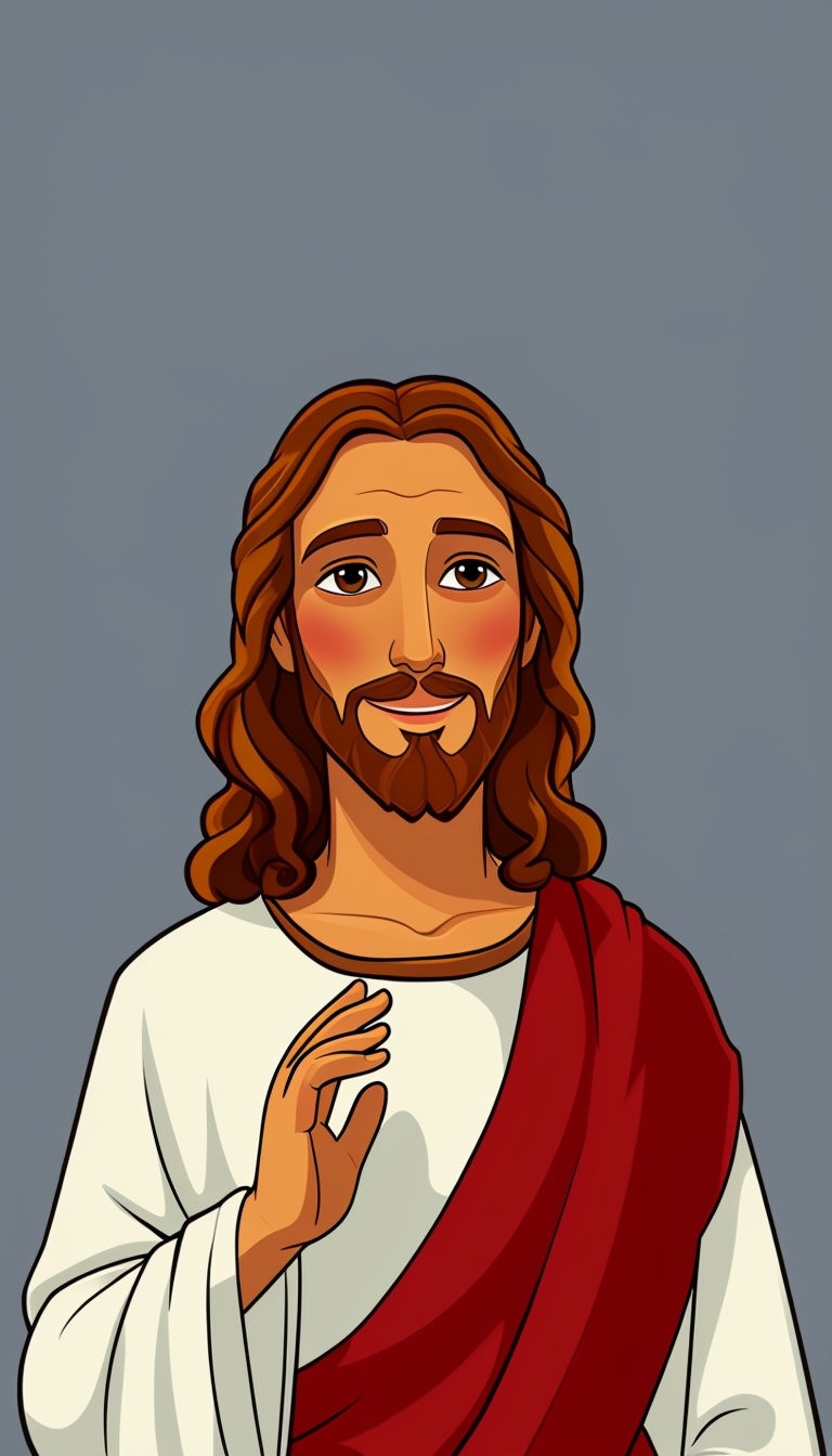 Cartoon Jesus Illustration with Warm Colors and Serene Expression Mobile Wallpaper