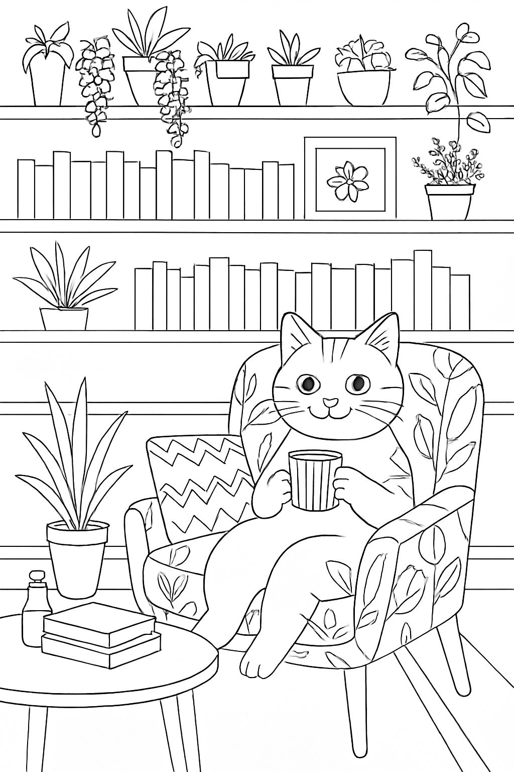 Cozy Indoor Cat Scene with Plants and Books Coloring Book Page