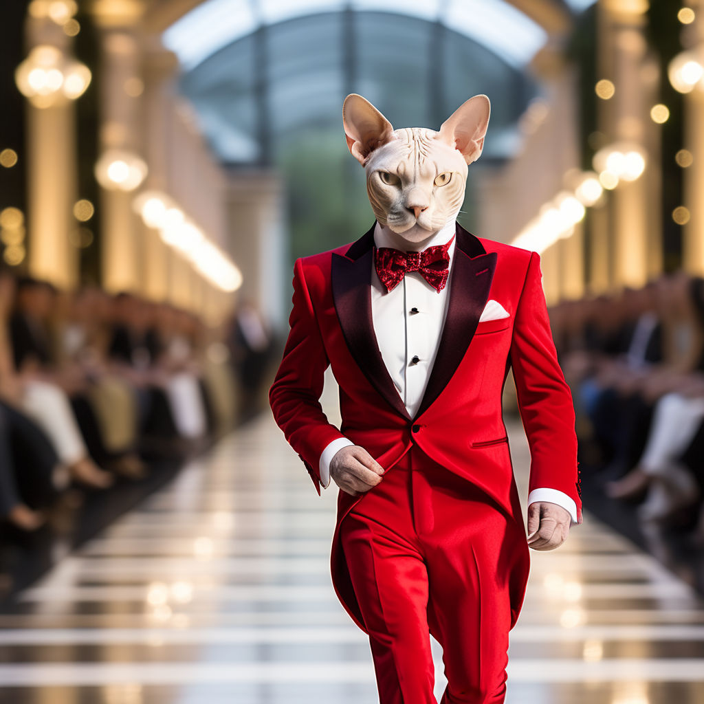 Sphynx in red tuxedo on catwalk by Sir Pewpew - Playground