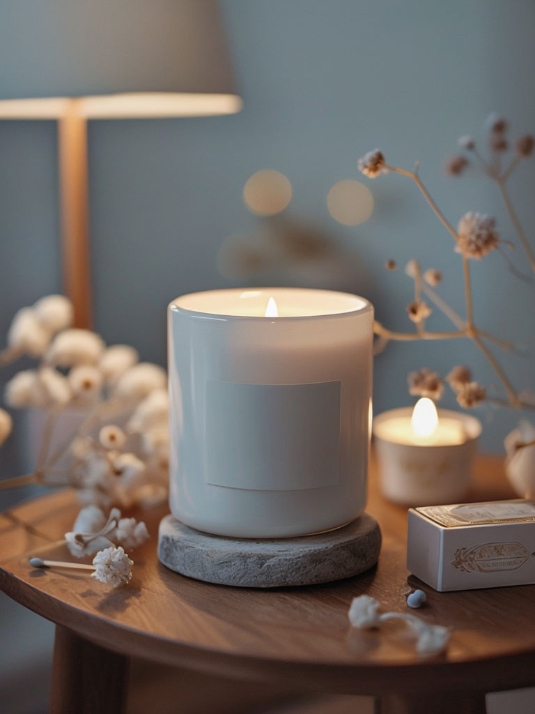 Elegant White Ceramic Candle Jar with Dried Flowers Art